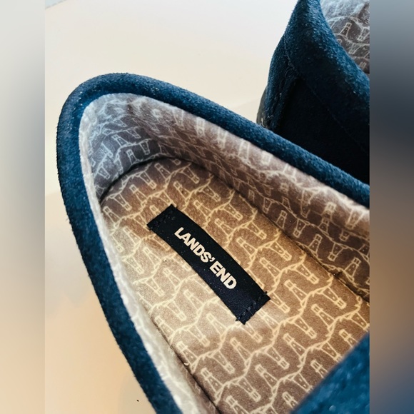 LAND’s END Men’s Moccasin Slippers Lined Printed Flannel Navy Blue Size 8B - Picture 2 of 12